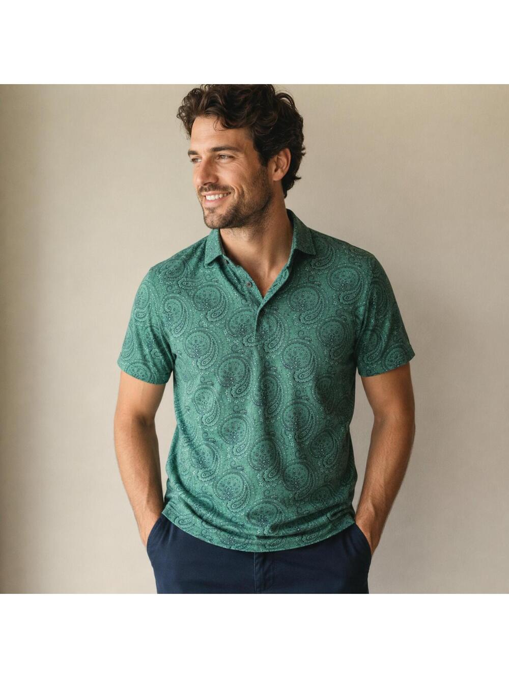 Emanuel Berg Modern Slim Fit Green Paisley Polo Shirt M Cotton Made in Poland